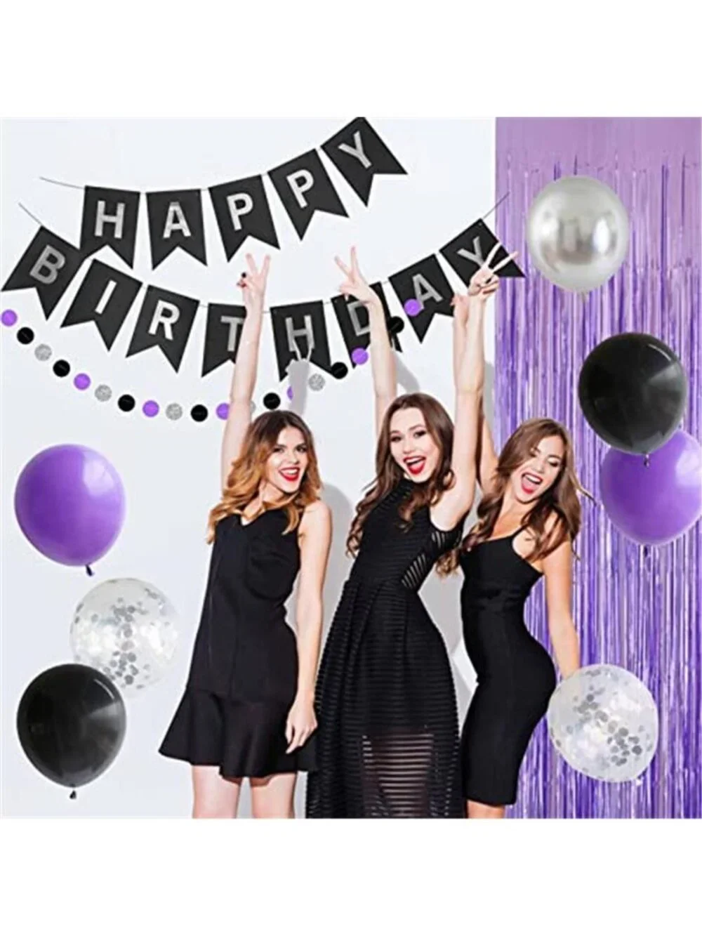 Birthday Decorations Balloons Banner Party Supplies Black Purple Silver Set